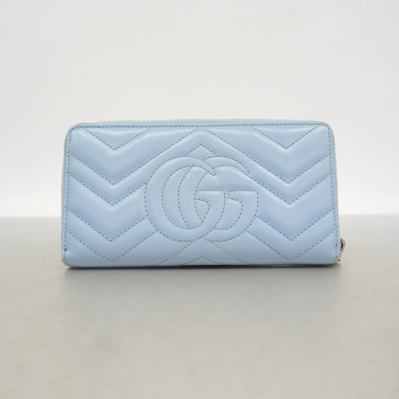 【6he4545-k】グッチ 長財布 GGマーモント 443123 レザー ライトブルー シルバー金具【中古】レディース