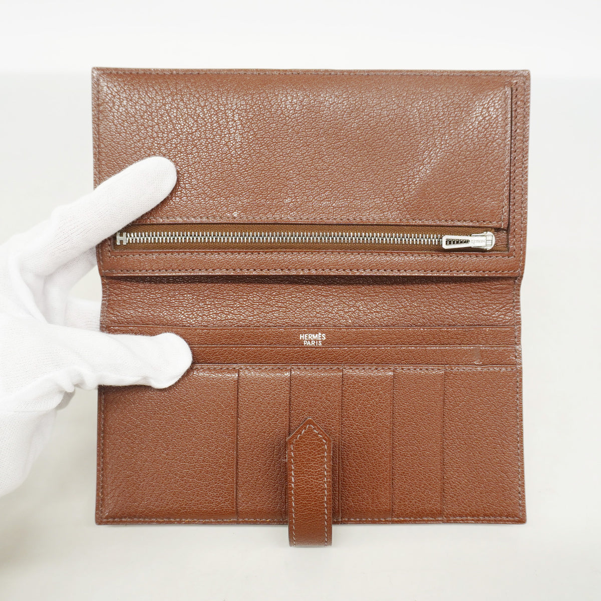 【6he4594】エルメス 長財布 ベアン シェブルミゾル マロン シルバー金具 □I刻印【中古】メンズ レディース ユニセックス