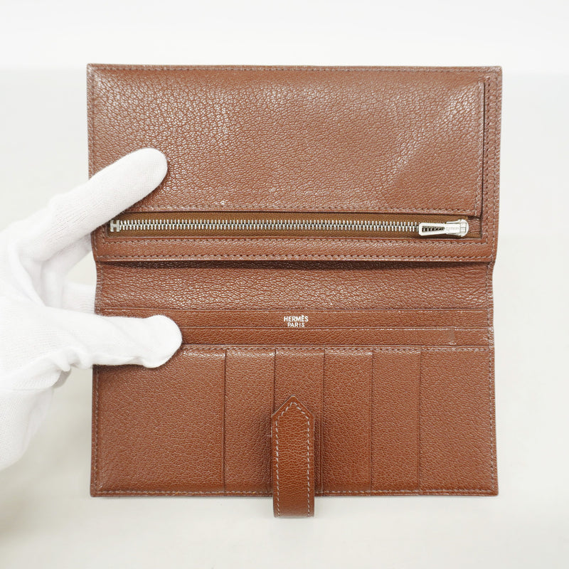 【6he4594】エルメス 長財布 ベアン シェブルミゾル マロン シルバー金具 □I刻印【中古】メンズ レディース ユニセックス