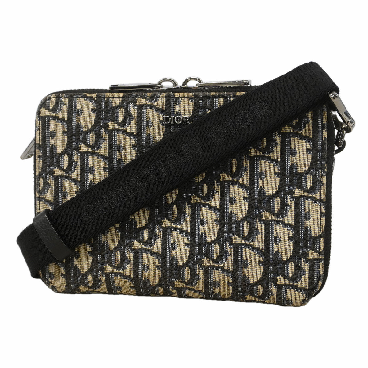 【6he4670】クリスチャンディオール ショルダーバッグ オブリーク キャンバス ブラック ベージュ シルバー金具【中古】メンズ