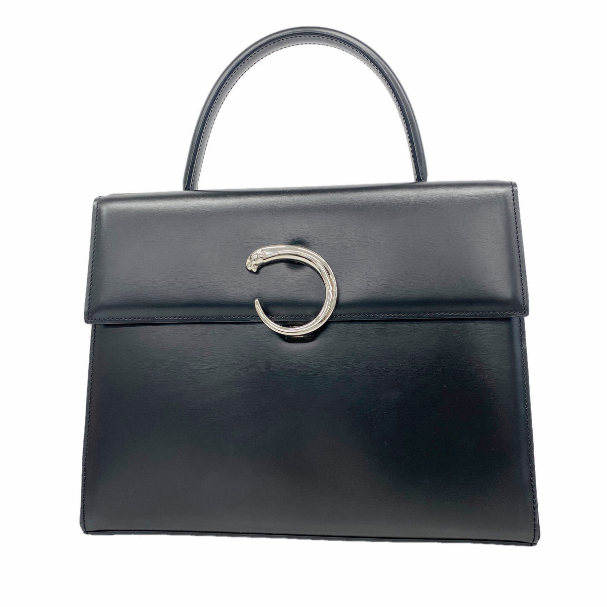【6he4688】カルティエ ハンドバッグ パンテール レザー ブラック シルバー金具【中古】レディース