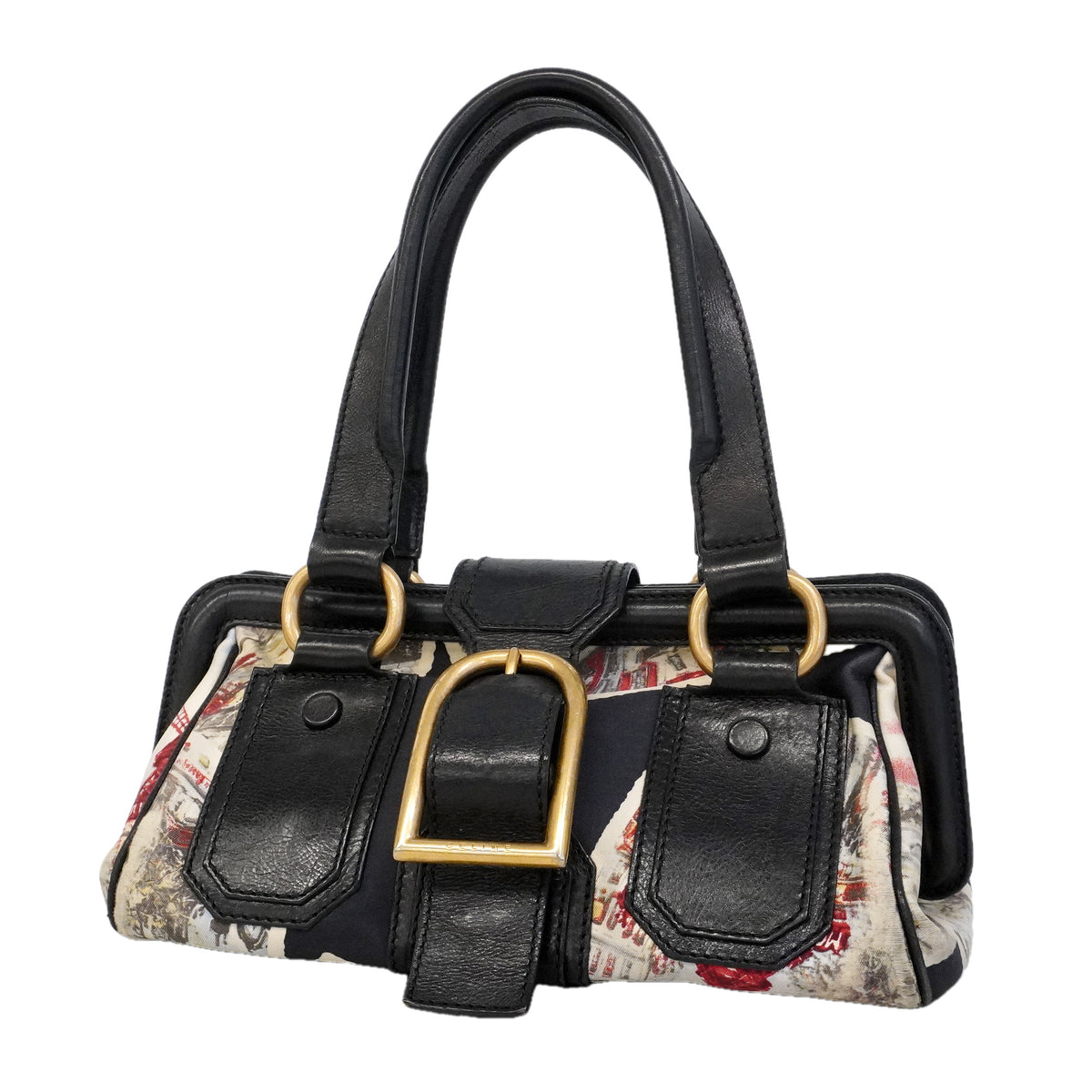 【6he4718-k】セリーヌ ハンドバッグ キャンバス マルチカラー ブラック ゴールド金具【中古】レディース