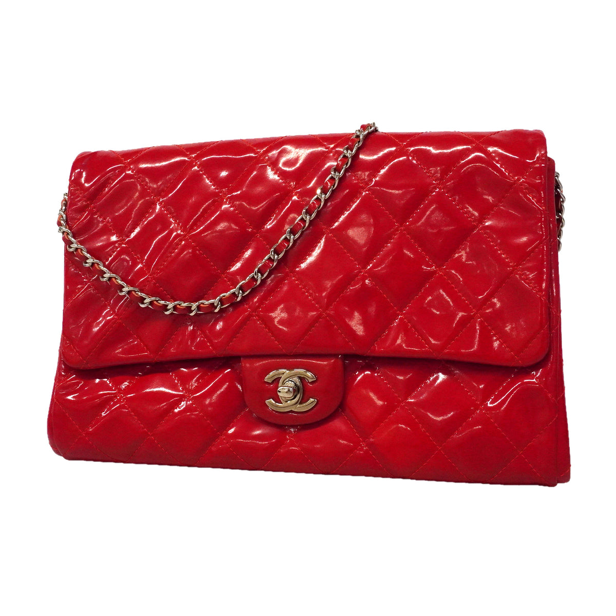 【6he4729】シャネル ショルダーバッグ マトラッセ チェーンショルダー パテントレザー レッド シルバー金具【中古】レディース