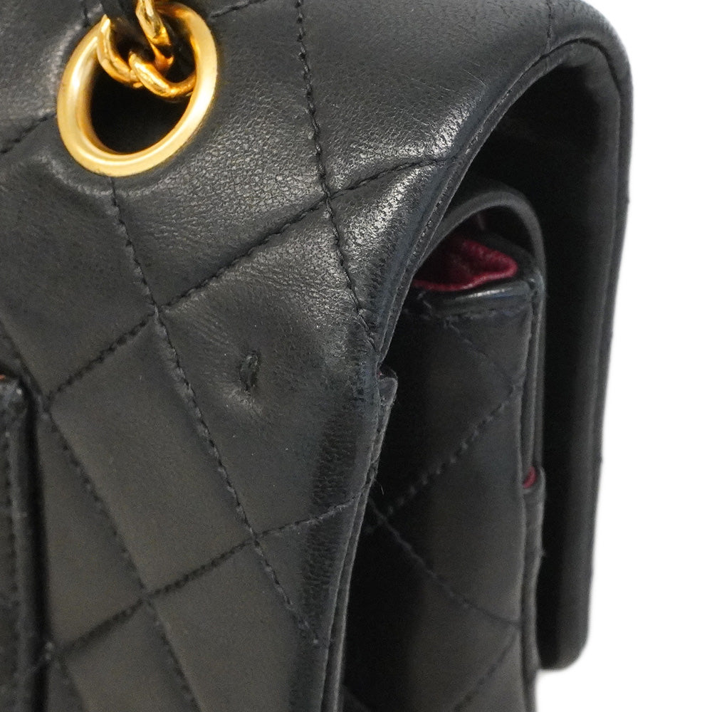 【6he4781】シャネル ショルダーバッグ マトラッセ Wフラップ Wチェーン ラムスキン ブラック ゴールド金具【中古】レディース