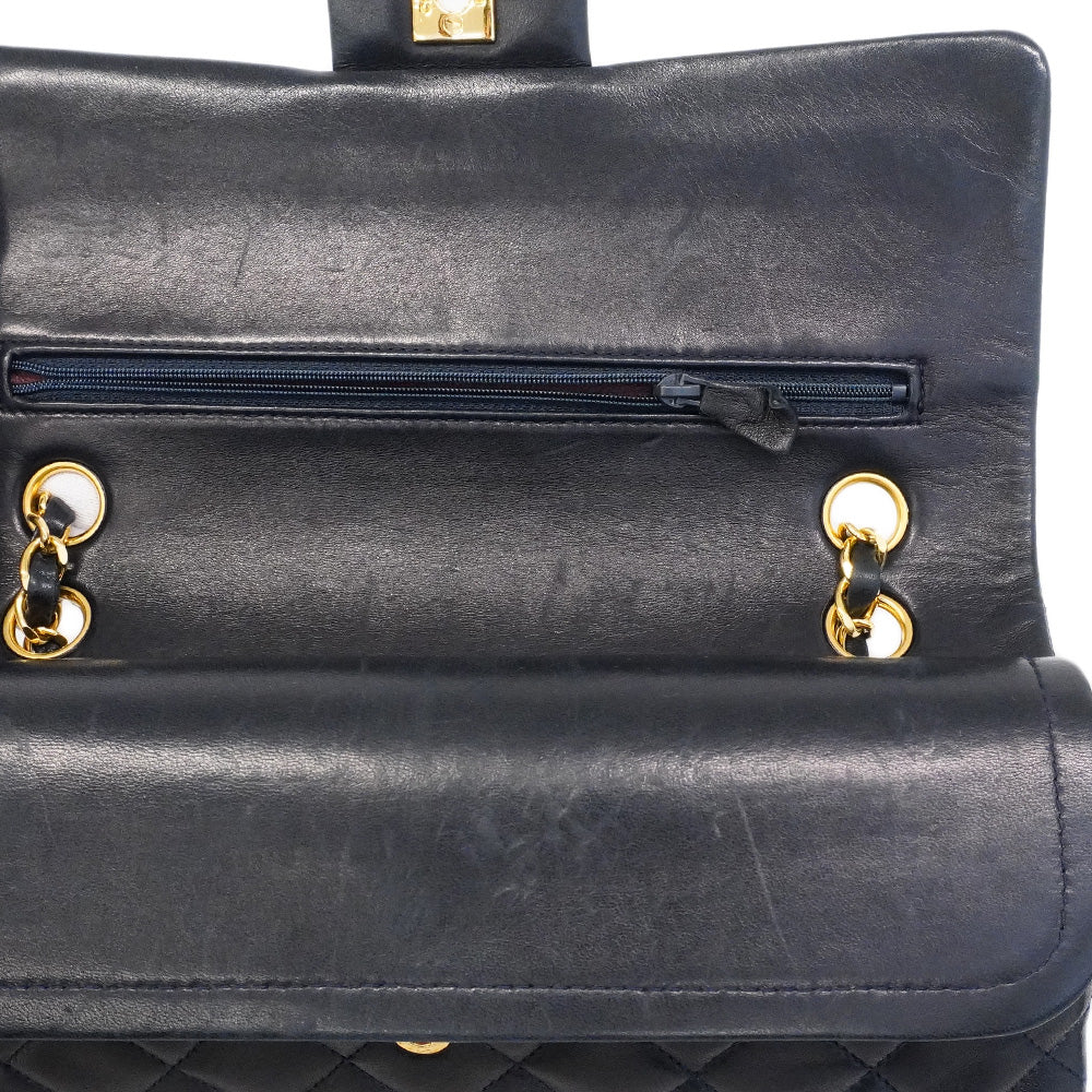 【6he4782】シャネル ショルダーバッグ マトラッセ Wフラップ Wチェーン ラムスキン ブラック ゴールド金具【中古】レディース