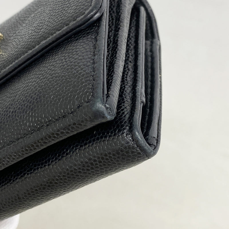 【6he4913】シャネル 三つ折り財布 カメリア キャビアスキン ブラック シャンパンゴールド金具【中古】レディース
