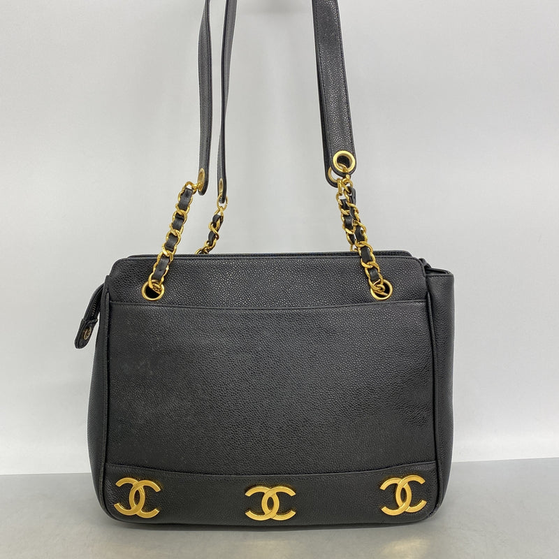 【6he4924】シャネル トートバッグ トリプルココ キャビアスキン ブラック ゴールド金具【中古】レディース