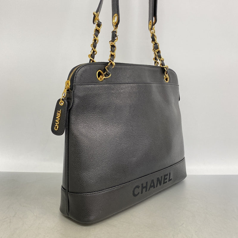 【6he4985-k】シャネル チェーントート キャビアスキン ブラック ゴールド金具【中古】レディース