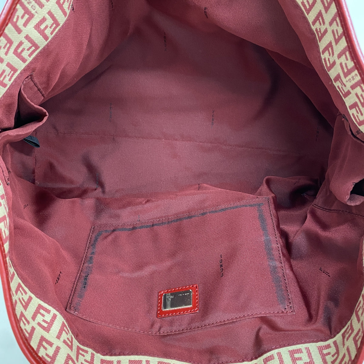 【6he4998】フェンディ トートバッグ ズッキーノ ナイロンキャンバス レッド ベージュ ゴールド金具【中古】レディース
