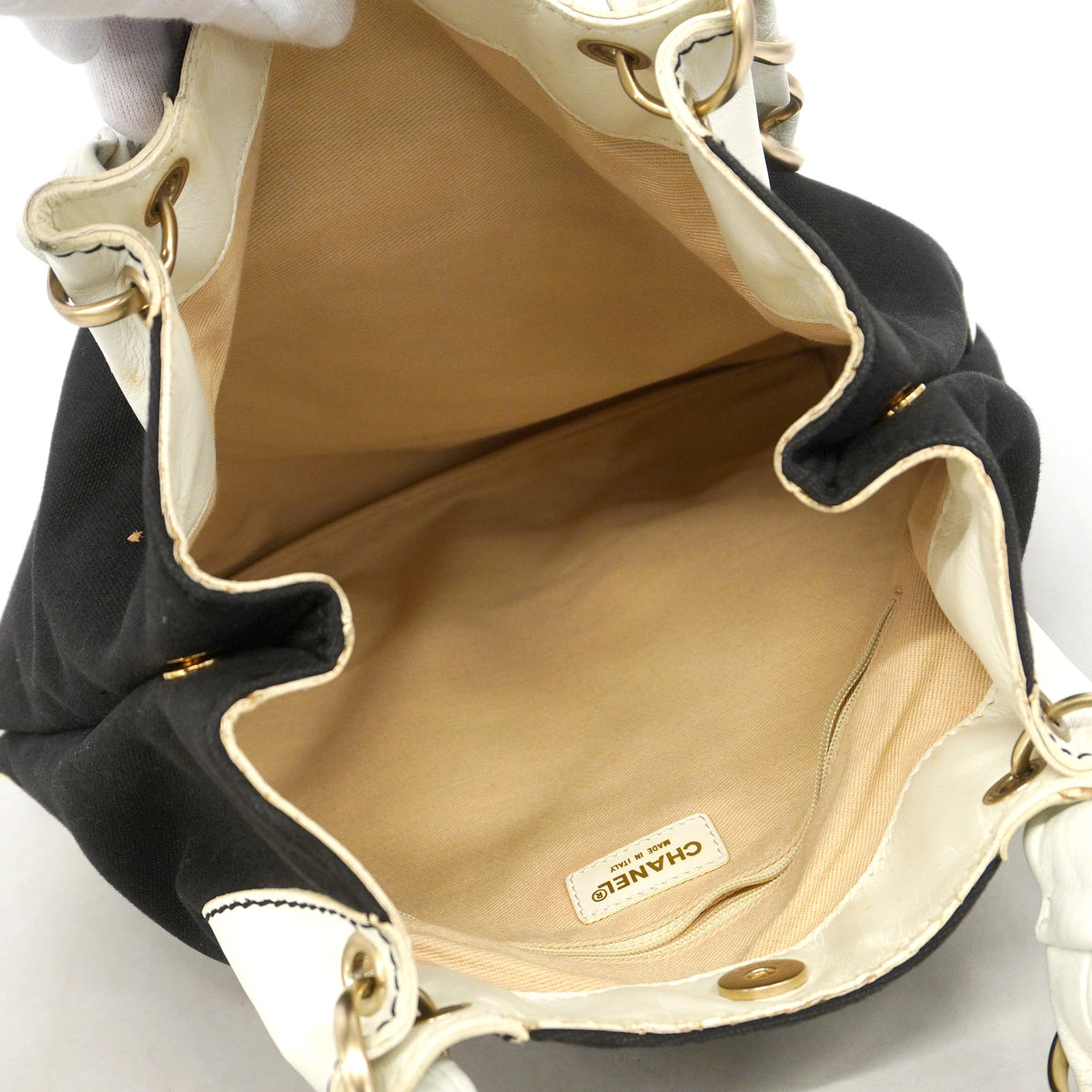 【6he5098-k】シャネル チェーントート レザー キャンバス ブラック シャンパンゴールド金具【中古】レディース