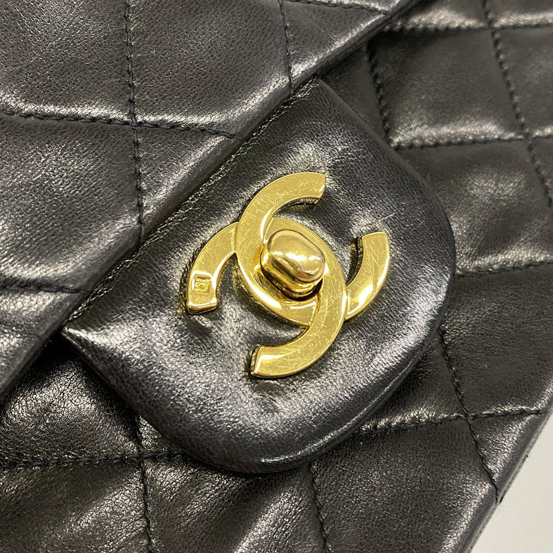 【6he5308】シャネル ショルダーバッグ マトラッセ Wフラップ Wチェーン ラムスキン ブラック ゴールド金具【中古】レディース