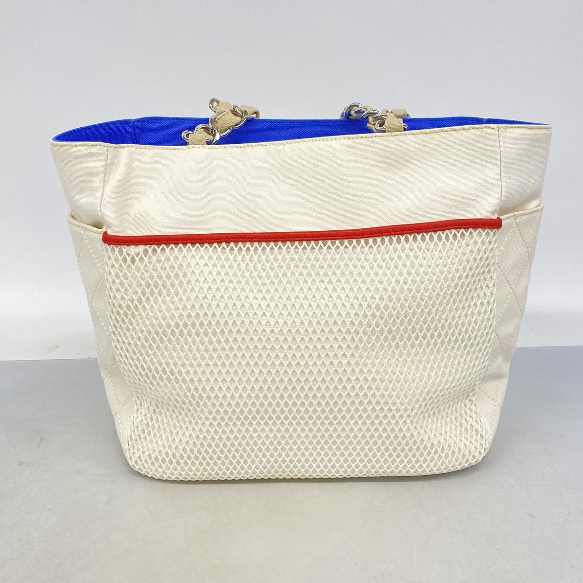【6he5329-k】シャネル チェーントート No.5 キャンバス ホワイト マルチカラー シルバー金具【中古】レディース