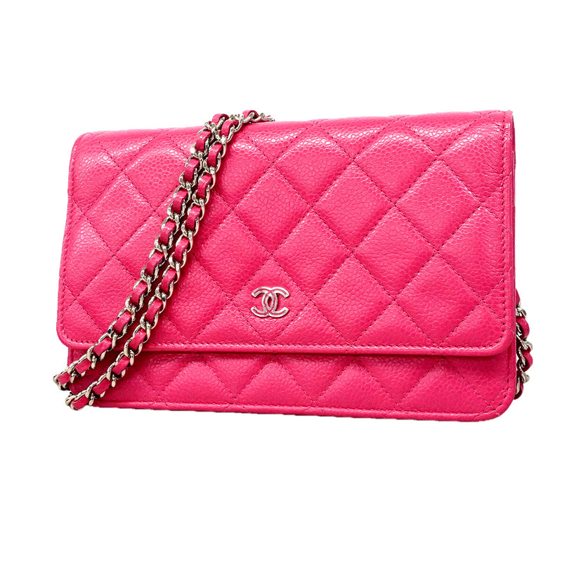 【6he5336】シャネル ショルダーウォレット マトラッセ チェーンショルダー キャビアスキン ピンク シルバー金具【中古】レディース