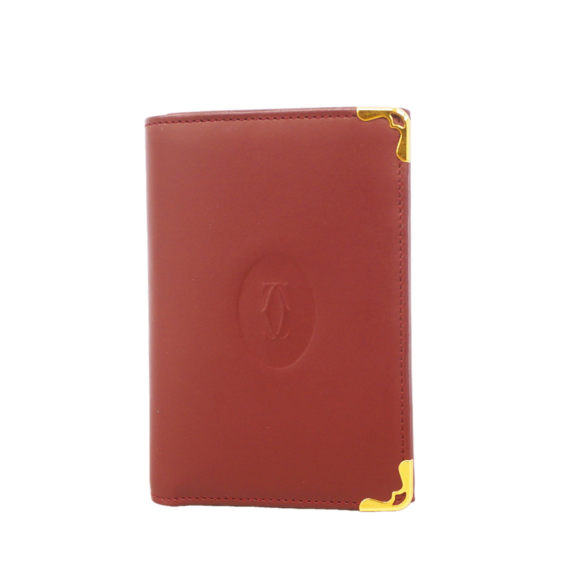【6he5409】カルティエ 三つ折り財布 マスト レザー ボルドー ゴールド金具【中古】レディース