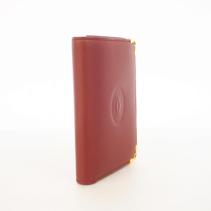 【6he5409】カルティエ 三つ折り財布 マスト レザー ボルドー ゴールド金具【中古】レディース
