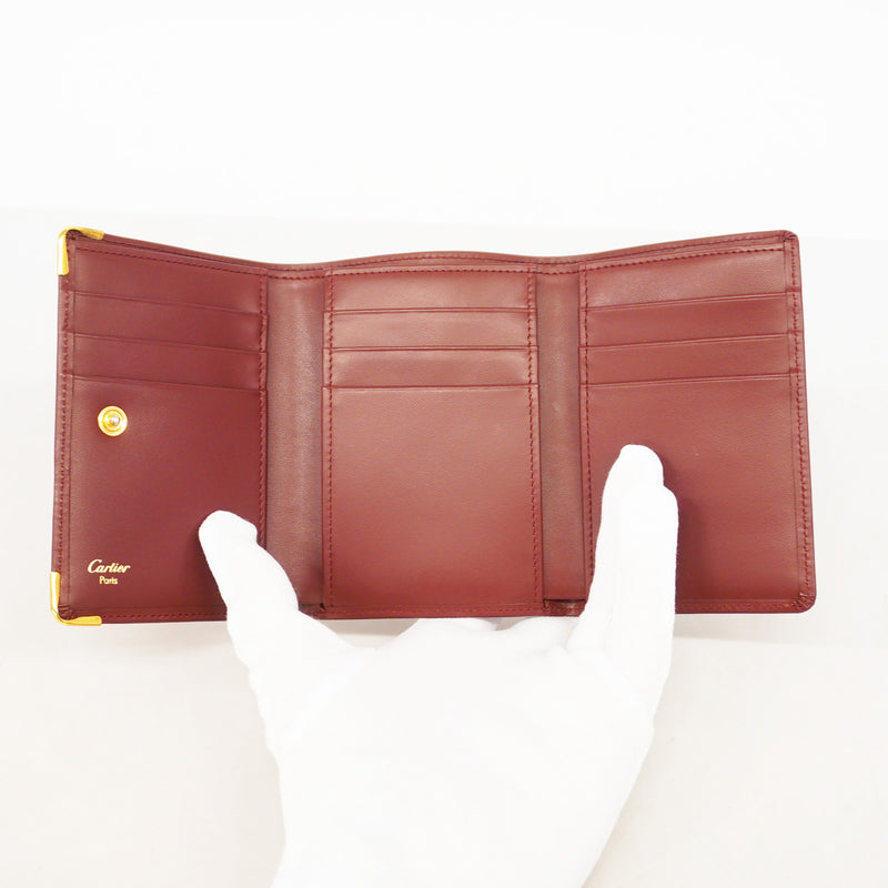 【6he5409】カルティエ 三つ折り財布 マスト レザー ボルドー ゴールド金具【中古】レディース