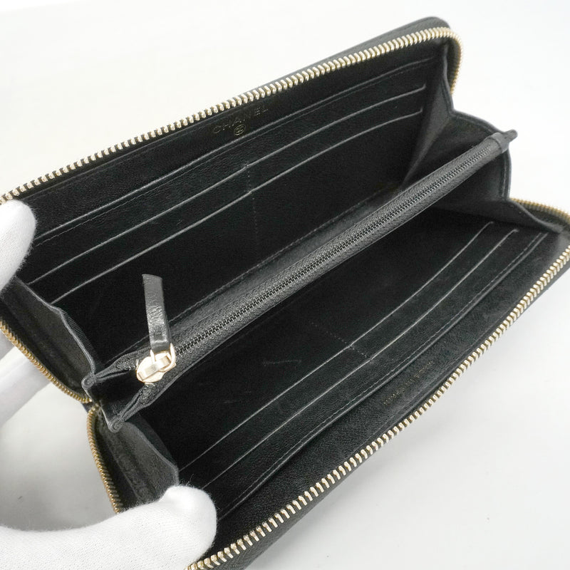 【6he5419】シャネル 長財布 Vステッチ マドモアゼル ラムスキン ブラック シャンパンゴールド金具【中古】レディース