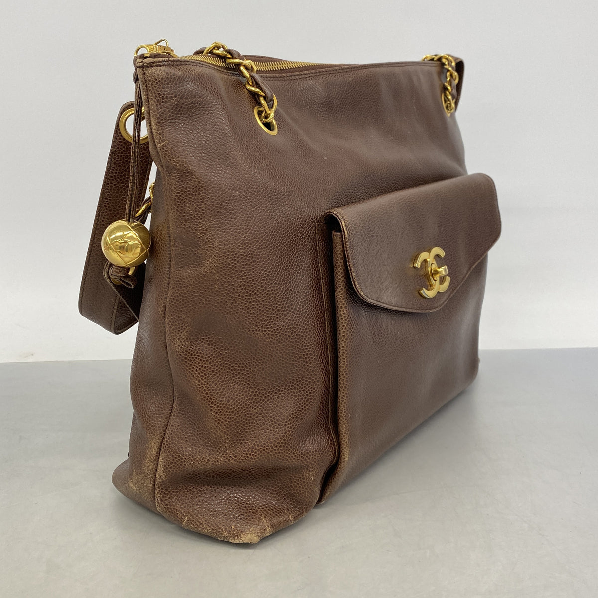 【6he5465】シャネル トートバッグ キャビアスキン ブラウン ゴールド金具【中古】レディース