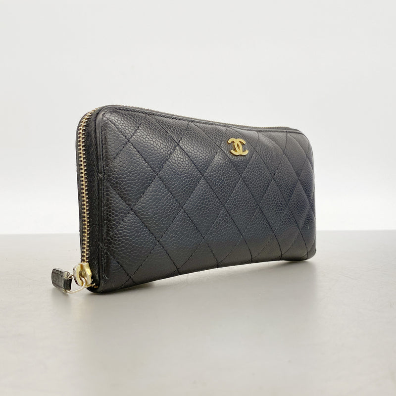 【6he5481】シャネル 長財布 マトラッセ キャビアスキン ブラック ゴールド金具【中古】レディース
