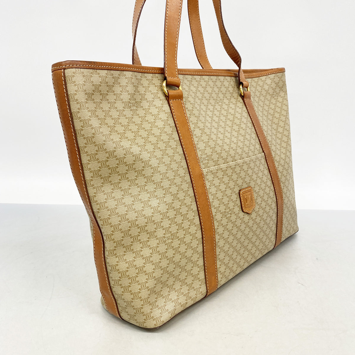 【6he5604】セリーヌ トートバッグ マカダム PVC ベージュ ゴールド金具【中古】レディース