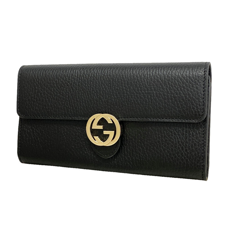 【6he5643】グッチ 長財布 インターロッキングG 598166 レザー ブラック シャンパンゴールド金具【中古】レディース