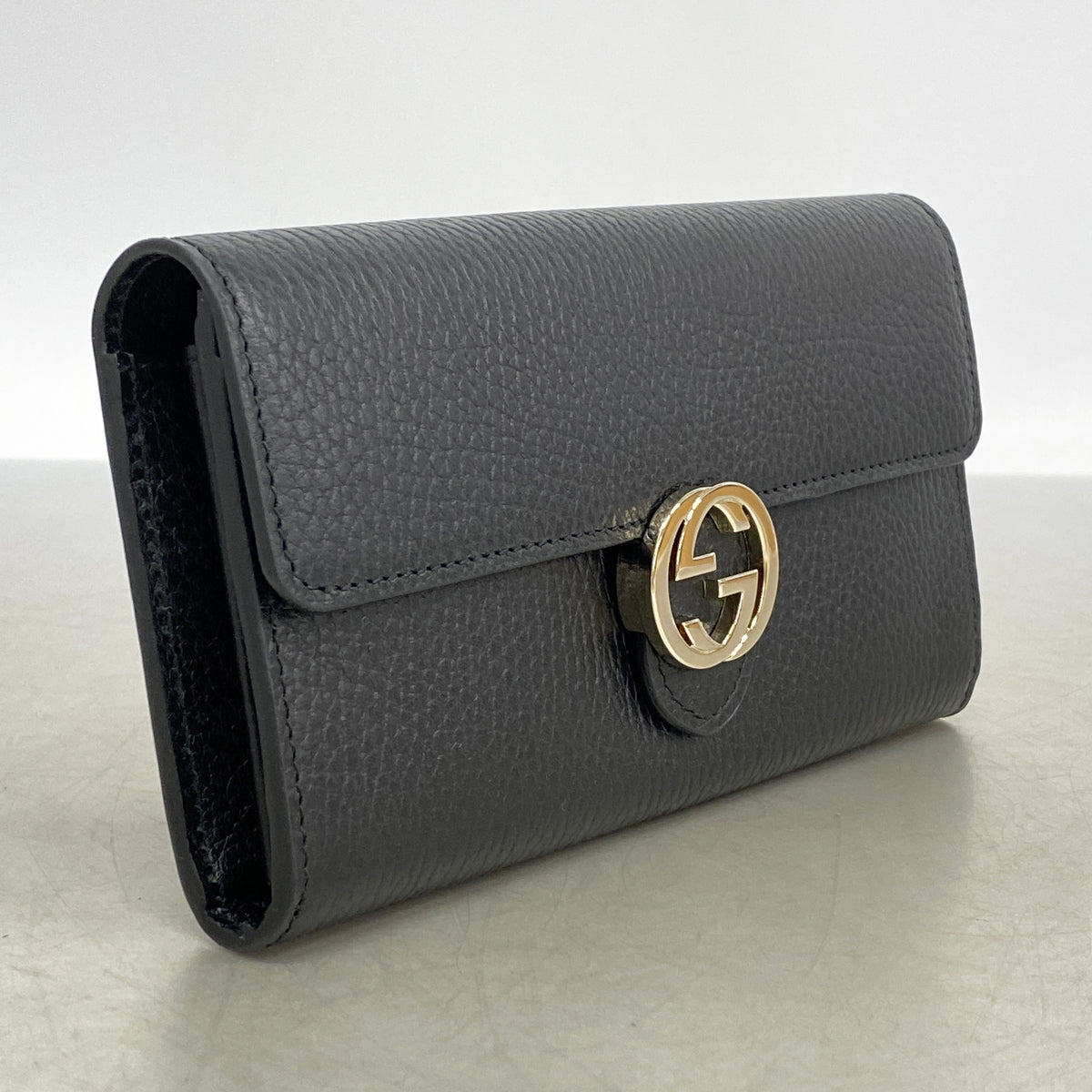 【6he5643】グッチ 長財布 インターロッキングG 598166 レザー ブラック シャンパンゴールド金具【中古】レディース