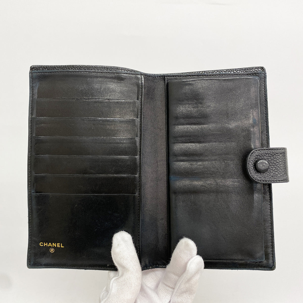 【6he5725】シャネル 長財布 キャビアスキン ブラック ゴールド金具【中古】レディース