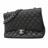 【6he5738】シャネル ショルダーバッグ デカマトラッセ Wフラップ Wチェーン キャビアスキン ブラック シルバー金具【中古】レディース