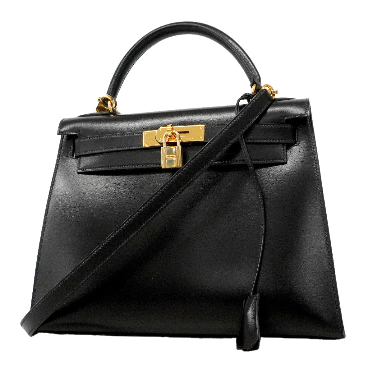 【6he5743】エルメス ハンドバッグ ケリー28 ボックスカーフ ブラック ゴールド金具 〇X刻印 2wayバッグ【中古】レディース