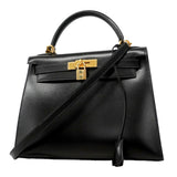 【6he5743】エルメス ハンドバッグ ケリー28 ボックスカーフ ブラック ゴールド金具 〇X刻印 2wayバッグ【中古】レディース