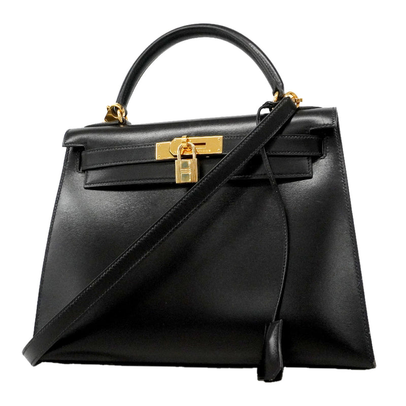 【6he5743】エルメス ハンドバッグ ケリー28 ボックスカーフ ブラック ゴールド金具 〇X刻印 2wayバッグ【中古】レディース