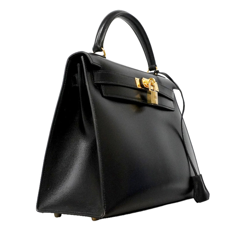 【6he5743】エルメス ハンドバッグ ケリー28 ボックスカーフ ブラック ゴールド金具 〇X刻印 2wayバッグ【中古】レディース