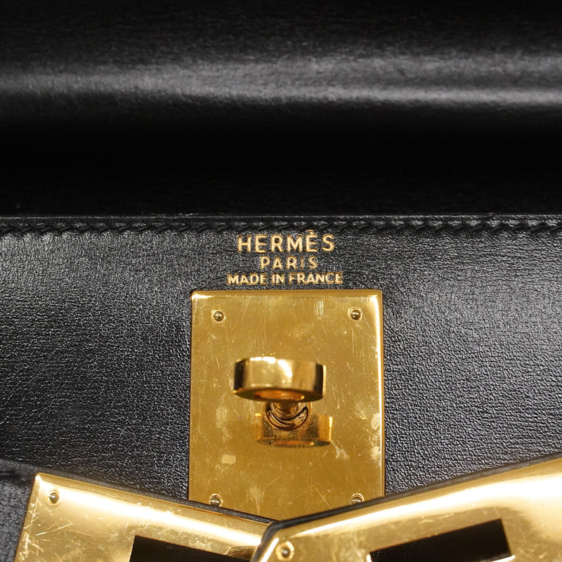 【6he5743】エルメス ハンドバッグ ケリー28 ボックスカーフ ブラック ゴールド金具 〇X刻印 2wayバッグ【中古】レディース