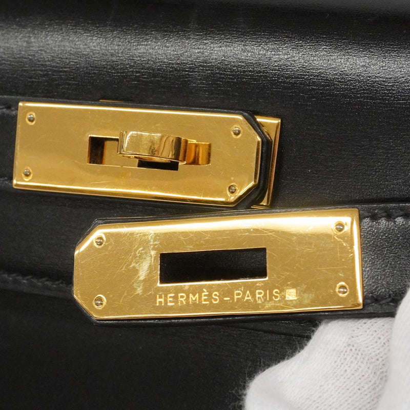 【6he5743】エルメス ハンドバッグ ケリー28 ボックスカーフ ブラック ゴールド金具 〇X刻印 2wayバッグ【中古】レディース