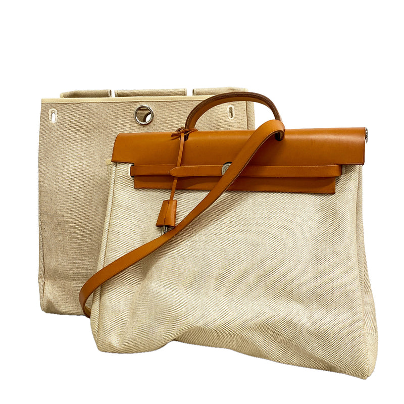 【6he5778】エルメス ハンドバッグ エールバッグMM トワルアッシュ ナチュラル シルバー金具 □B刻印 2wayバッグ【中古】レディース