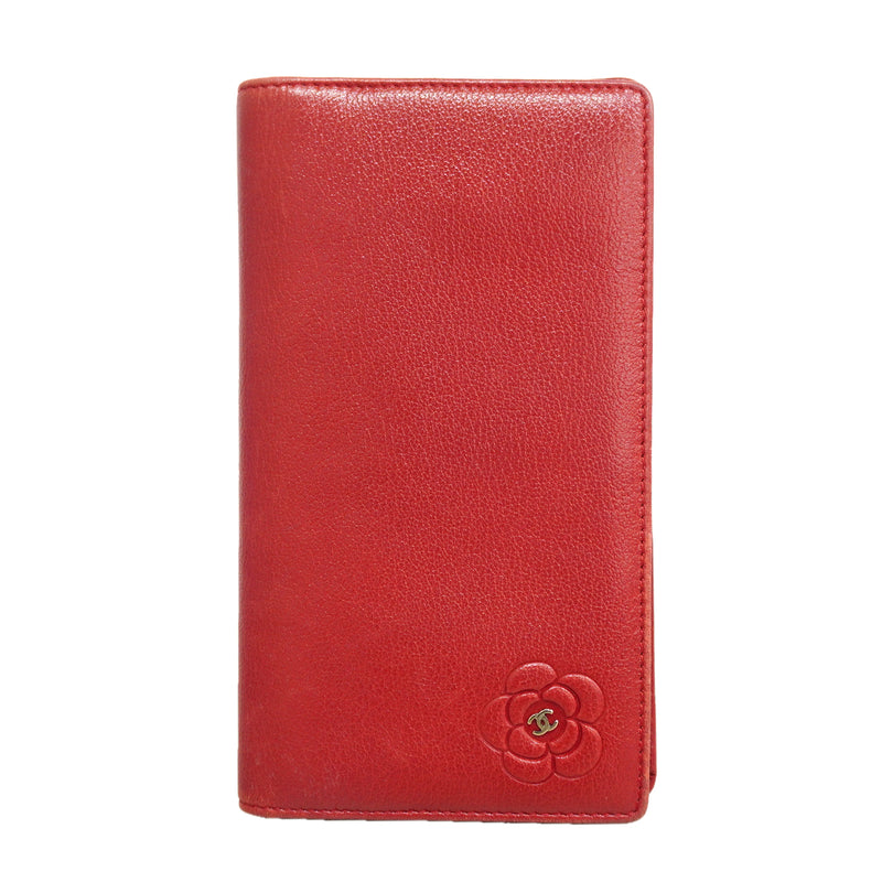 【6hf6043】シャネル 長財布 カメリア レザー レッド シルバー金具【中古】レディース