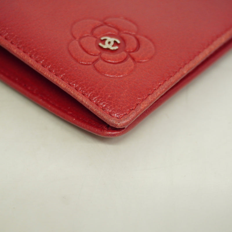【6hf6043】シャネル 長財布 カメリア レザー レッド シルバー金具【中古】レディース