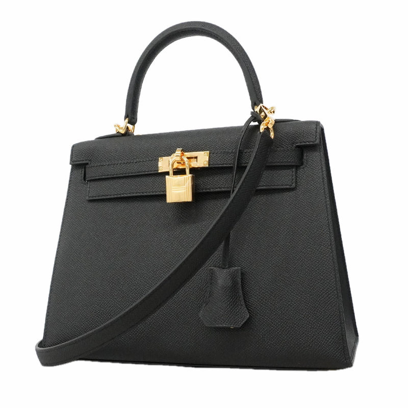 【6hf6099-g】エルメス ハンドバッグ ケリー25 ヴォーエプソン ブラック ゴールド金具 K刻印 2wayバッグ【中古】レディース