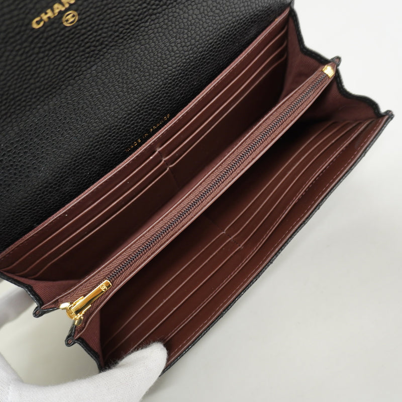 【6hf6110】シャネル 長財布 マトラッセ キャビアスキン ブラック ゴールド金具【中古】レディース