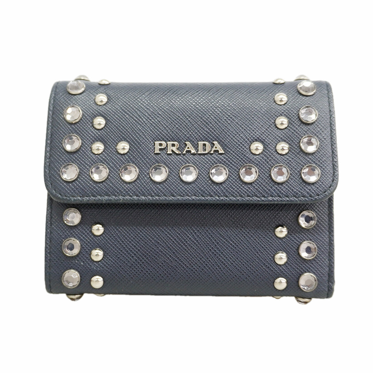 【6hf6111】プラダ 三つ折り財布 サフィアーノ レザー ネイビー シルバー金具【中古】レディース