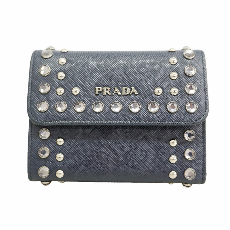 【6hf6111】プラダ 三つ折り財布 サフィアーノ レザー ネイビー シルバー金具【中古】レディース