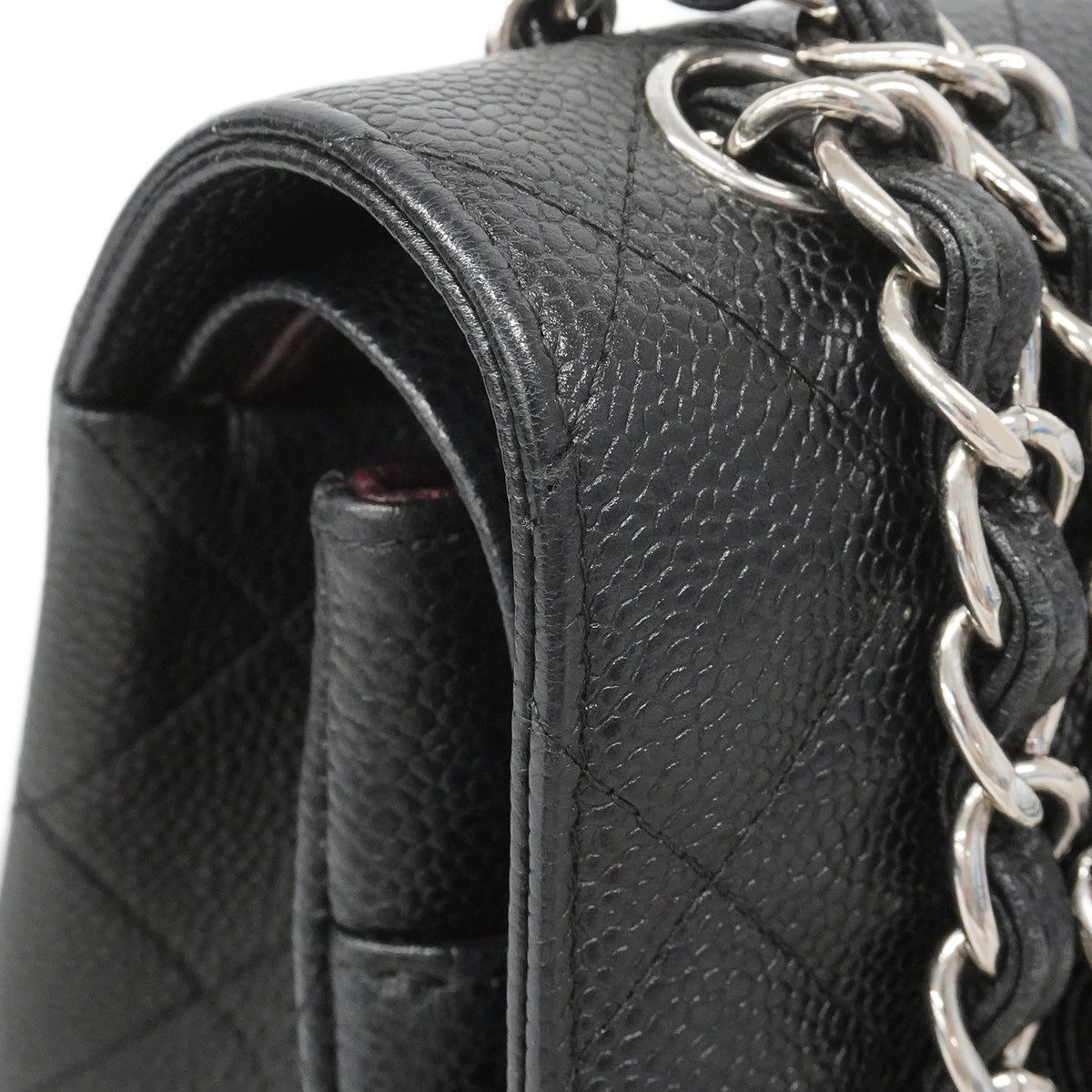 【6hf6120】シャネル ショルダーバッグ デカマトラッセ Wフラップ Wチェーン キャビアスキン ブラック シルバー金具【中古】レディース