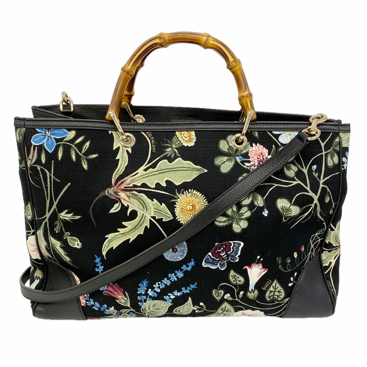 【6hf6157】グッチ トートバッグ GGブルームス バンブー 323658 キャンバス ブラック マルチカラー シャンパンゴールド金具 2wayバッグ【中古】レディース