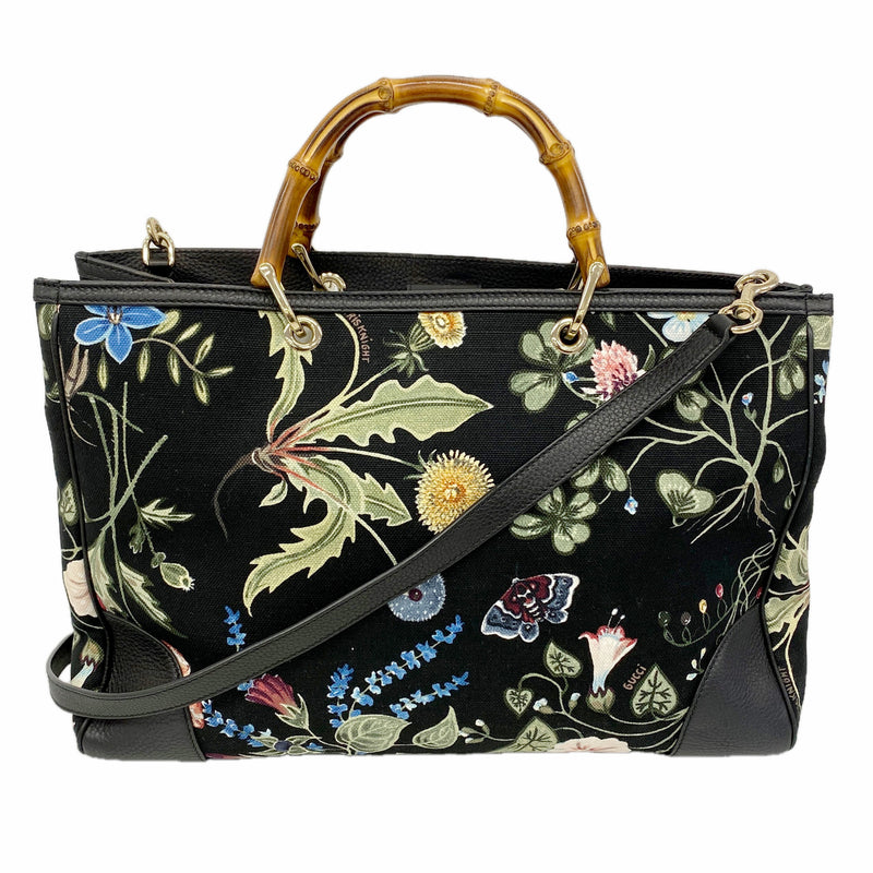 【6hf6157】グッチ トートバッグ GGブルームス バンブー 323658 キャンバス ブラック マルチカラー シャンパンゴールド金具 2wayバッグ【中古】レディース