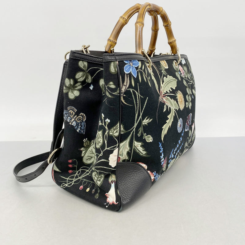 【6hf6157】グッチ トートバッグ GGブルームス バンブー 323658 キャンバス ブラック マルチカラー シャンパンゴールド金具 2wayバッグ【中古】レディース
