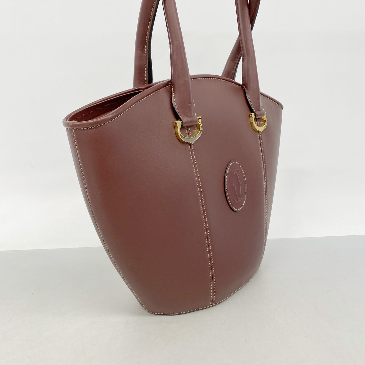 【6hf6158】カルティエ ハンドバッグ マスト レザー ボルドー ゴールド金具【中古】レディース