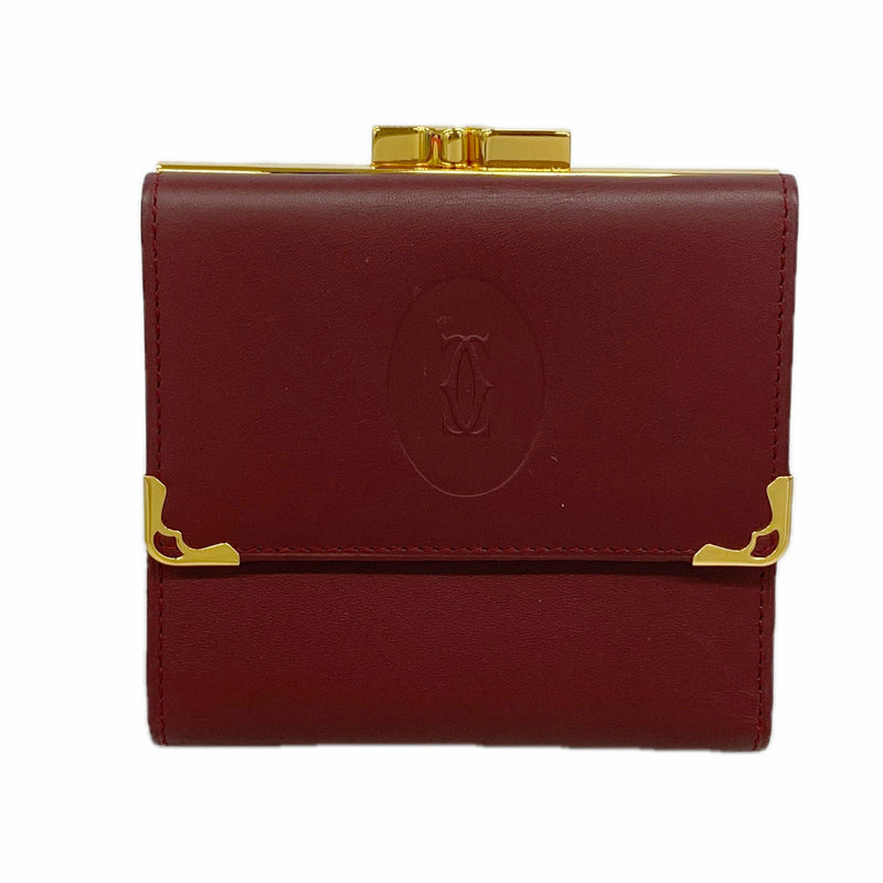 【6hf6163】カルティエ 三つ折り財布 マスト レザー ボルドー ゴールド金具【中古】レディース