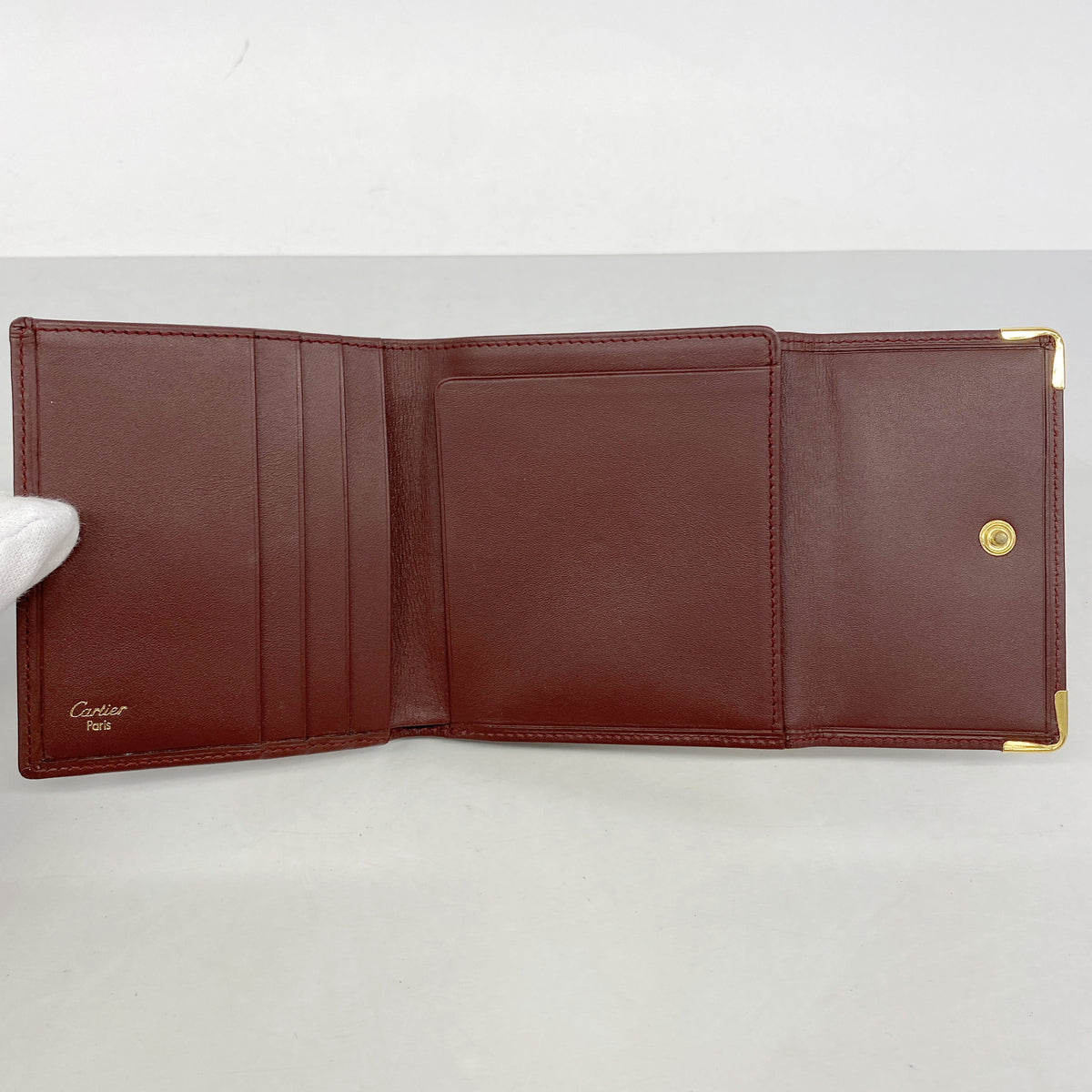 【6hf6163】カルティエ 三つ折り財布 マスト レザー ボルドー ゴールド金具【中古】レディース