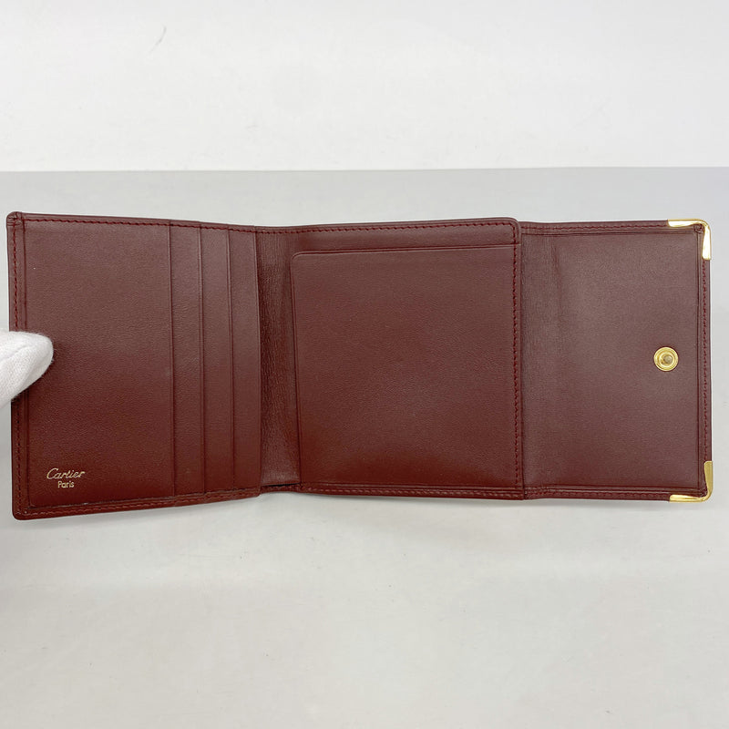 【6hf6163】カルティエ 三つ折り財布 マスト レザー ボルドー ゴールド金具【中古】レディース