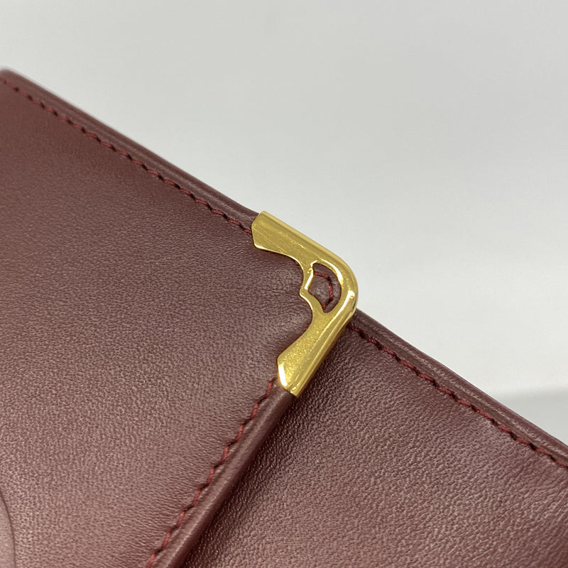 【6hf6163】カルティエ 三つ折り財布 マスト レザー ボルドー ゴールド金具【中古】レディース